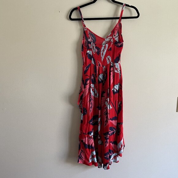 Express Women XXS Red Leaf Print Tropical Hawaiian Ruffle High Low Midi Sundress - Picture 9 of 10